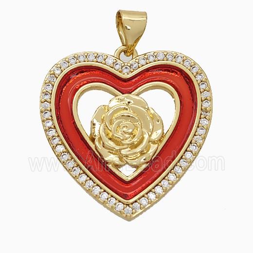 Copper Flower Heart Pendant Pave Zirconia Red Painted 18K Gold Plated