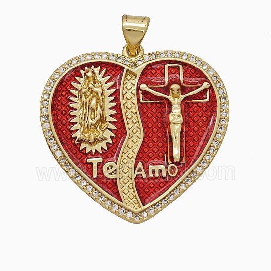 Copper Jesus Heart Pendant Pave Zirconia Red Painted Ankh 18K Gold Plated