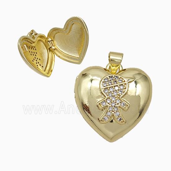 Copper Boy Heart Locket Pendant Pave Zirconia 18K Gold Plated