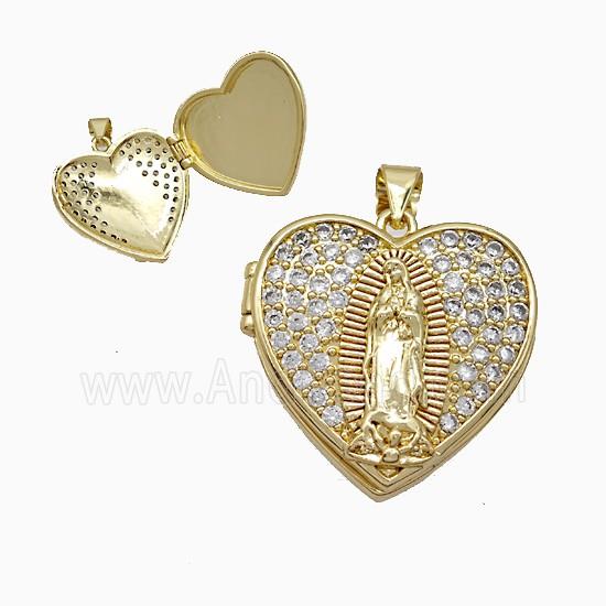 Copper Jesus Locket Pendant Pave Zirconia Heart 18K Gold Plated