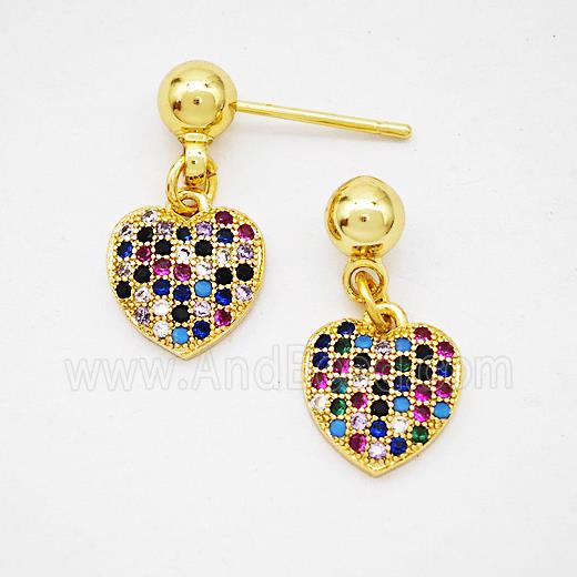 Copper Heart Stud Earrings Pave Zirconia Gold Plated