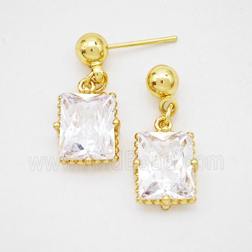 Copper Rectangle Stud Earrings Pave Crystal Glass Gold Plated