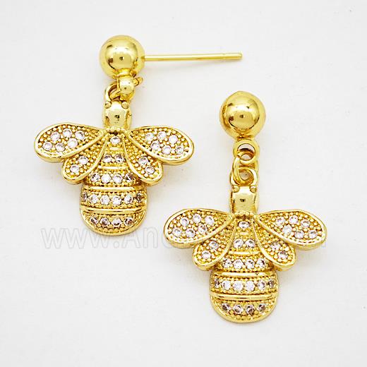 Copper HoneyBee Stud Earrings Pave Zirconia Gold Plated