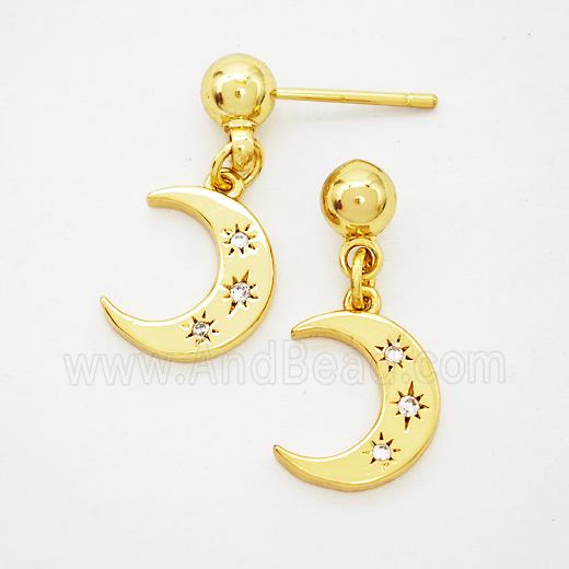 Copper Moon Stud Earrings Pave Zirconia Gold Plated