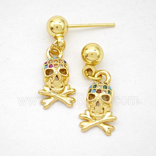 Copper Skull Stud Earrings Pave Zirconia Gold Plated