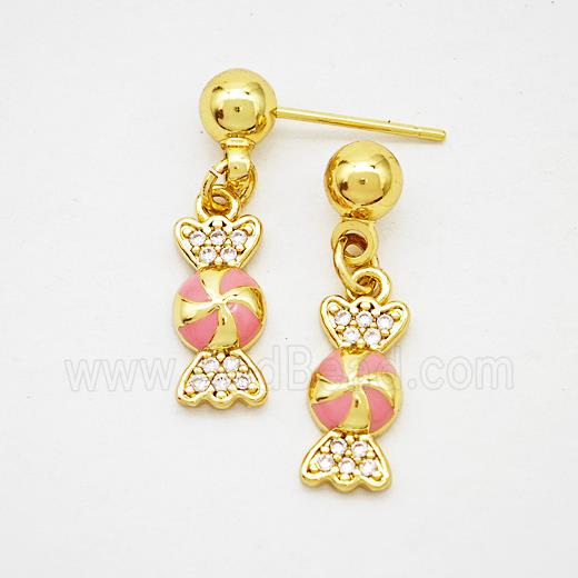 Copper Candy Stud Earrings Pink Enamel Gold Plated