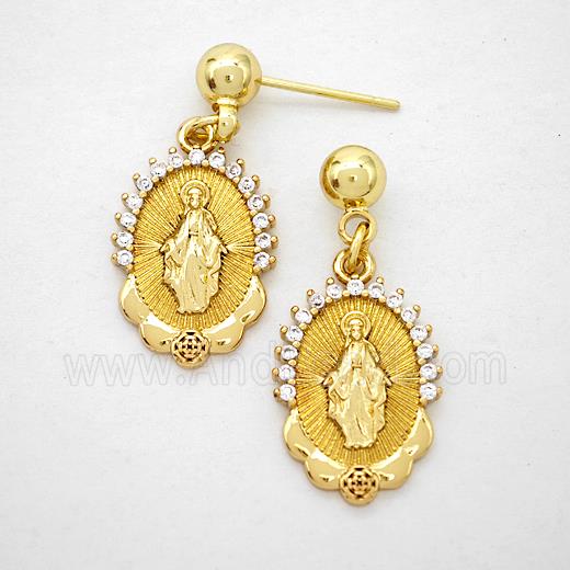 Copper Virgin Mary Stud Earrings Pave Zirconia Gold Plated
