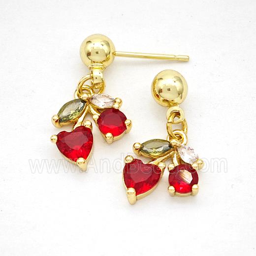 Copper Cherry Stud Earrings Pave Zirconia Gold Plated