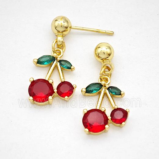 Copper Cherry Stud Earrings Pave Zirconia Gold Plated