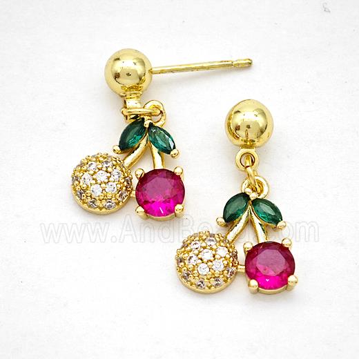 Copper Cherry Stud Earrings Pave Zirconia Gold Plated