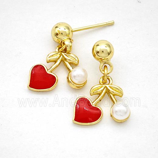 Copper Cherry Stud Earrings Pave Pearlized Resin Red Enamel Gold Plated