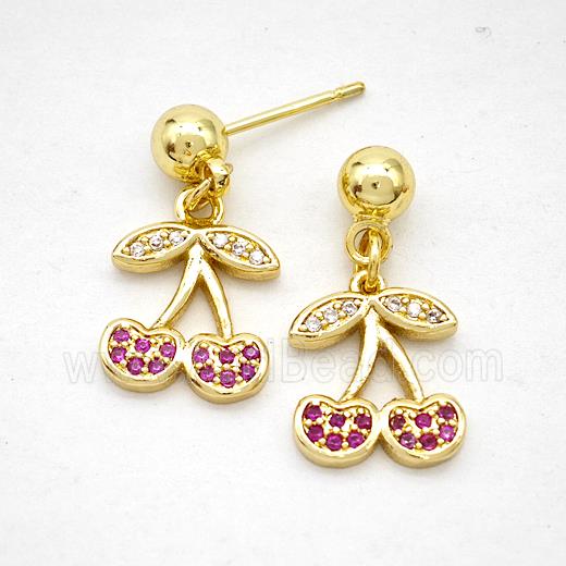Copper Cherry Stud Earrings Pave Zirconia Gold Plated