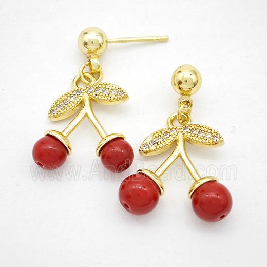 Copper Cherry Stud Earrings Pave Zirconia Pearlized Resin Gold Plated