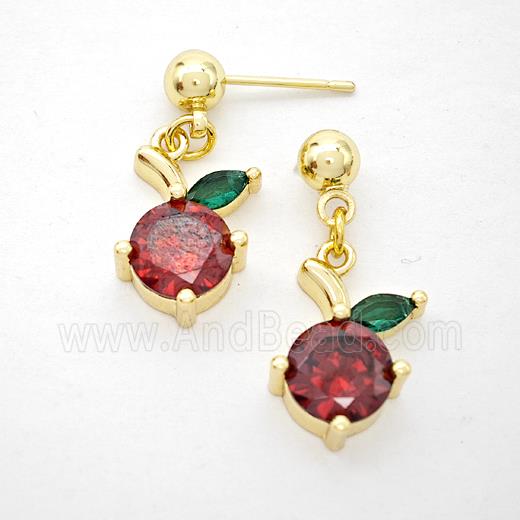 Copper Cherry Stud Earrings Pave Zirconia Gold Plated