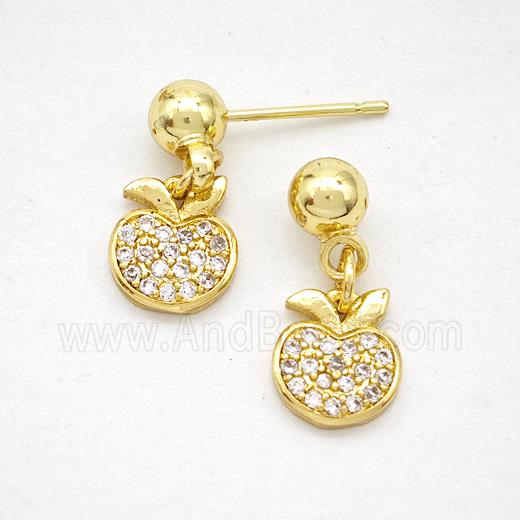 Copper Apple Stud Earrings Pave Zirconia Gold Plated