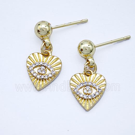 Copper Heart Eye Stud Earrings Pave Zirconia Gold Plated