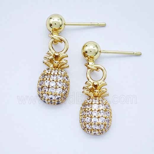 Copper Pineapple Stud Earrings Pave Zirconia Gold Plated