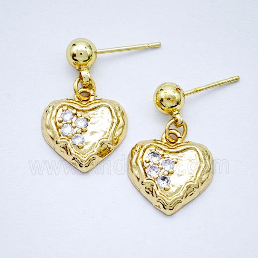 Copper Heart Stud Earrings Pave Zirconia Gold Plated