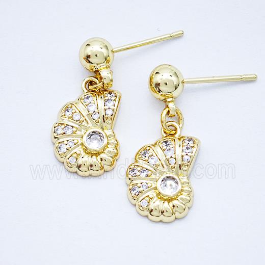 Copper Spiral Shell Stud Earrings Pave Zirconia Gold Plated