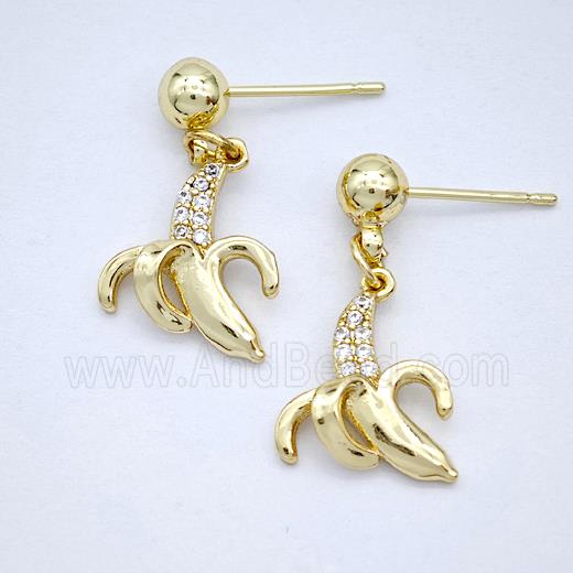 Copper Banana Stud Earrings Pave Zirconia Gold Plated
