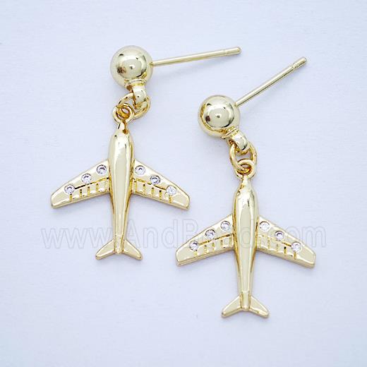 Copper Airplane Stud Earrings Pave Zirconia Gold Plated