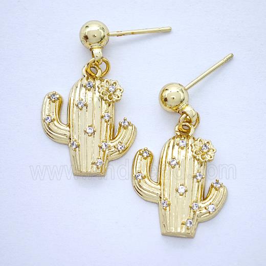 Copper Cactus Stud Earrings Pave Zirconia Gold Plated