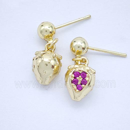 Copper Strawberry Stud Earrings Pave Zirconia Gold Plated