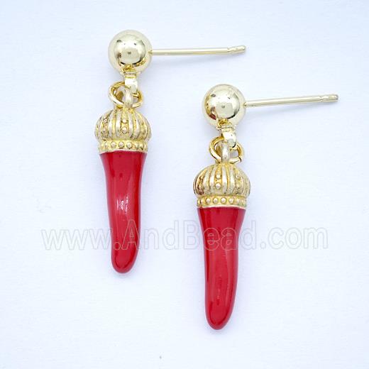 Copper Chili Stud Earrings Red Enamel Gold Plated