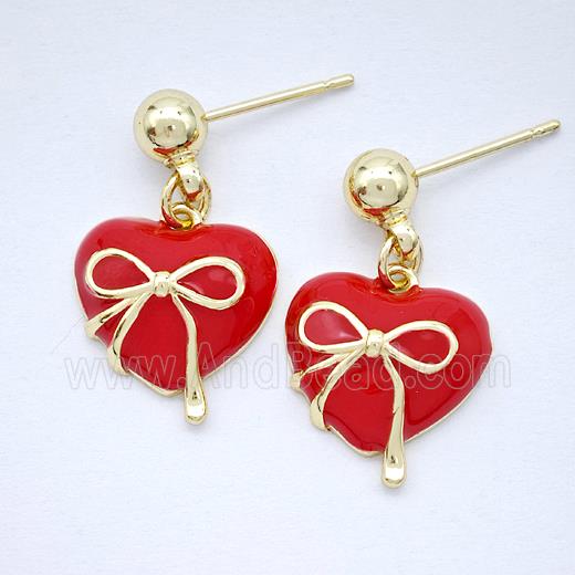 Copper Heart Stud Earrings Red Enamel Bowknot Gold Plated