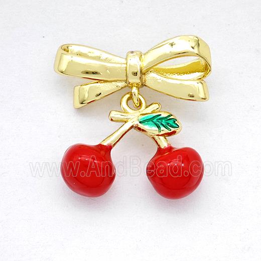 Copper Bowknot And Cherry Pendant Red Enamel Gold Plated