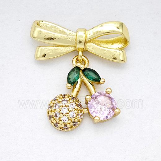 Copper Bowknot And Cherry Earrings Pave Zirconia Gold Plated