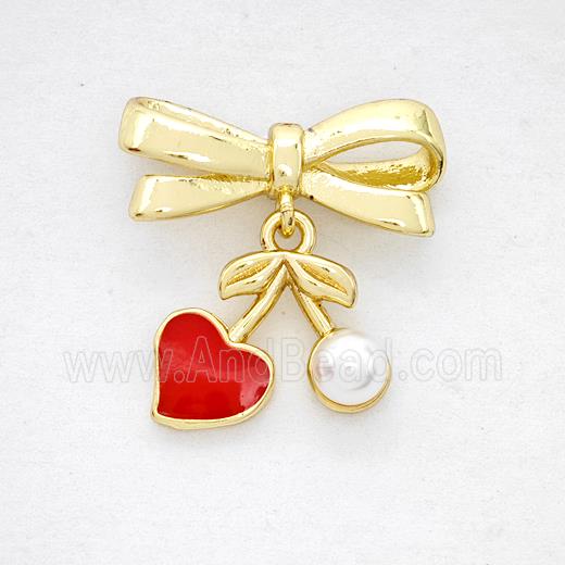 Copper Bowknot And Cherry Earrings Pave Pearlized Red Enamel Gold Plated