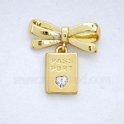 Copper Bowknot And PassPort Earrings Pave Zirconia Gold Plated