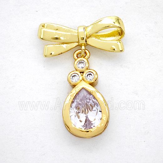 Copper Bowknot And Teardrop Earrings Pave Zirconia Gold Plated