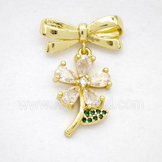 Copper Bowknot And Clover Earrings Pave Zirconia Gold Plated