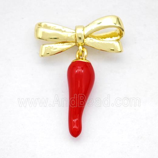 Copper Bowknot And Chili Earrings Red Enamel Gold Plated