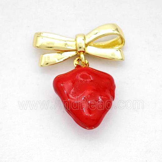 Copper Bowknot And Strawberry Earrings Red Enamel Gold Plated
