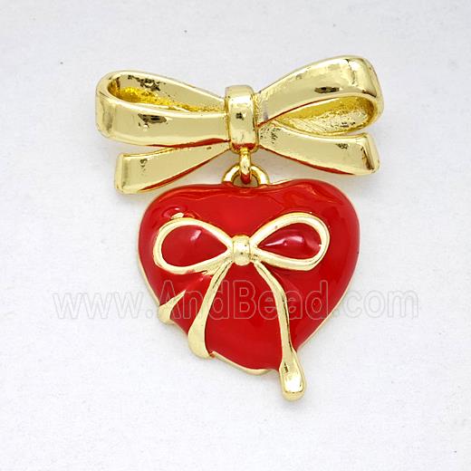 Copper Bowknot And Heart Pendant Red Enamel Gold Plated