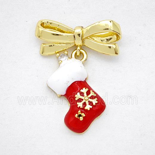 Copper Bowknot And Christmas Stocking Red Enamel Gold Plated