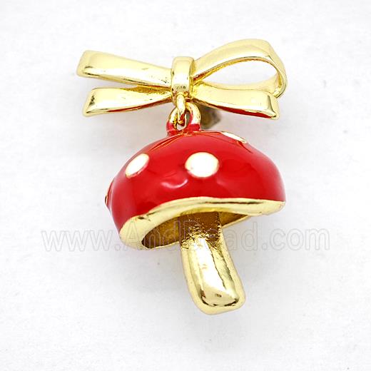Copper Bowknot And Mushroom Earrings Red Enamel Gold Plated