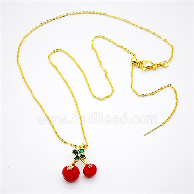 Copper Cherry Necklace Red Enamel Gold Plated