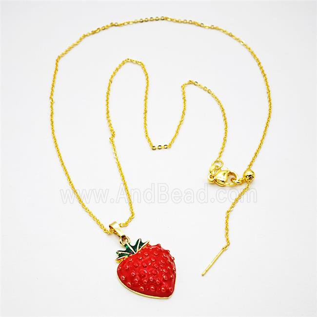 Copper Strawberry Necklace Red Enamel Gold Plated
