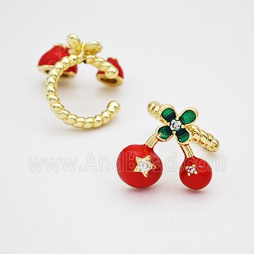 Copper Cherry Clip Earrings Red Enamel Gold Plated