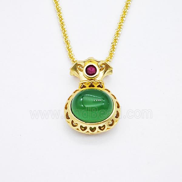 Copper Necklace With FortuneBag Pave Green Jade Gold Plated