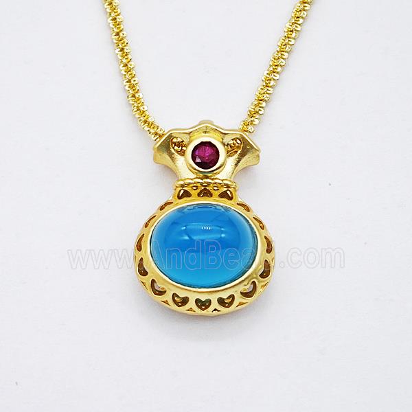 Copper Necklace With FortuneBag Pave Blue Jade Gold Plated