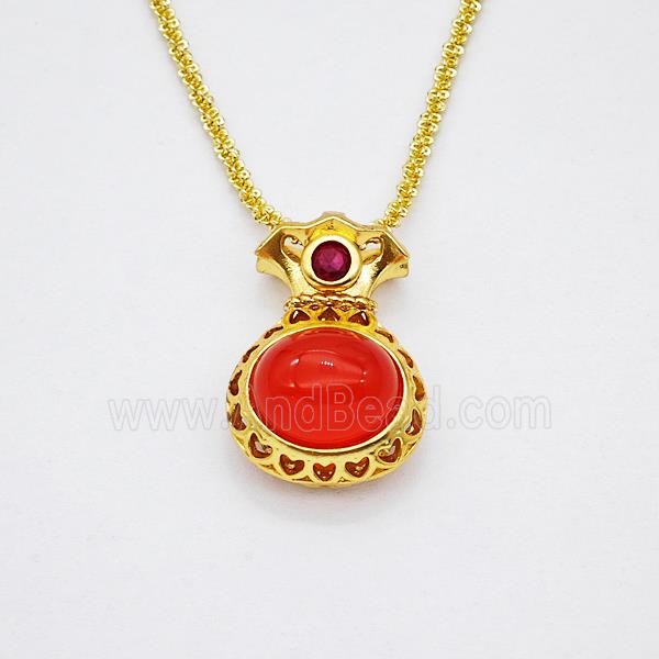 Copper Necklace With FortuneBag Pave Red Jade Gold Plated