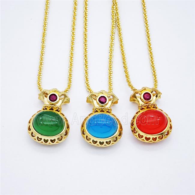 Copper Necklace With FortuneBag Pave Jade Gold Plated Mixed