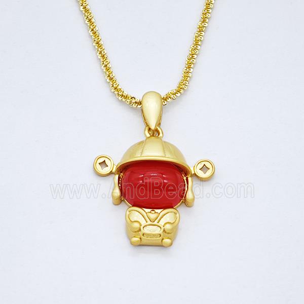 Copper Cartoon Boy Necklace Pave Red Agate Gold Plated