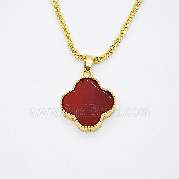 Copper Clover Necklace Pave Red Agate Gold Plated