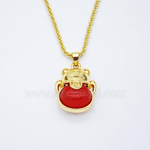 Copper Luckycat Necklace Pave Red Agate Gold Plated